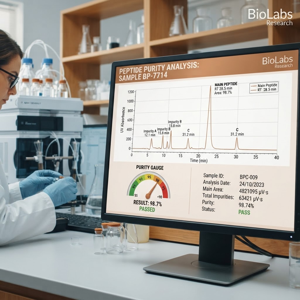 Reading an HPLC chromatogram: the main peak area vs. impurity peaks determines p